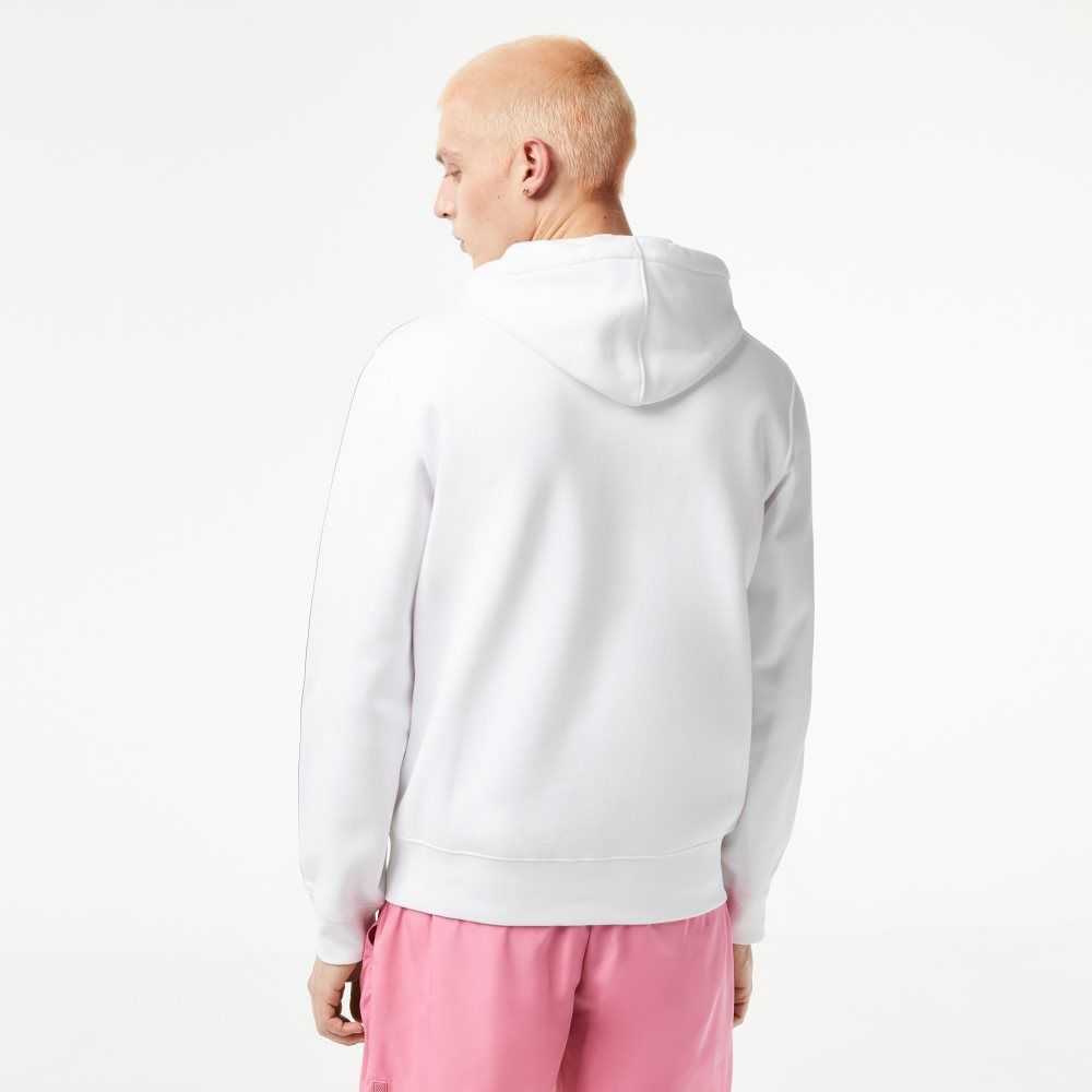 White Lacoste Classic Fit Zipped Hoodie with Brand Stripes | QGWUEH-487