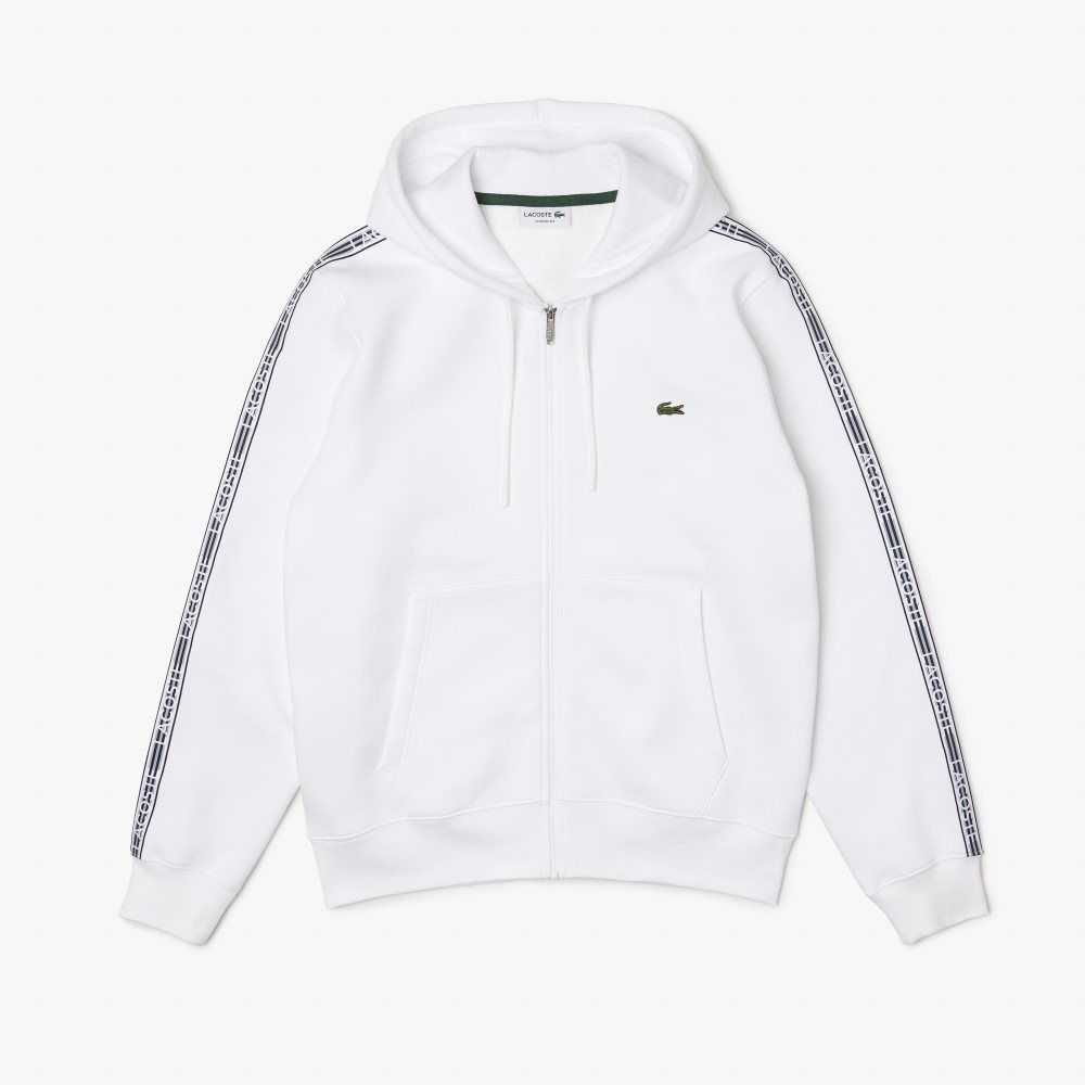 White Lacoste Classic Fit Zipped Hoodie with Brand Stripes | QGWUEH-487