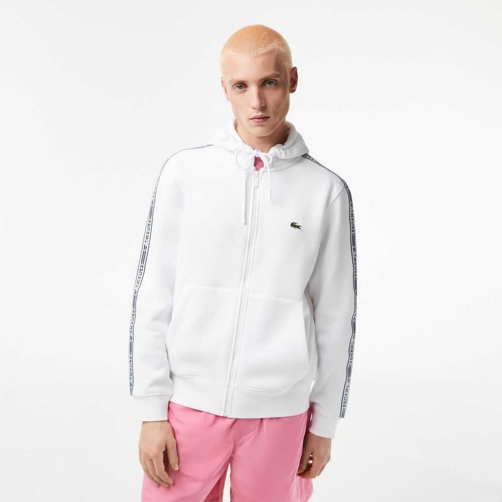 White Lacoste Classic Fit Zipped Hoodie with Brand Stripes | QGWUEH-487