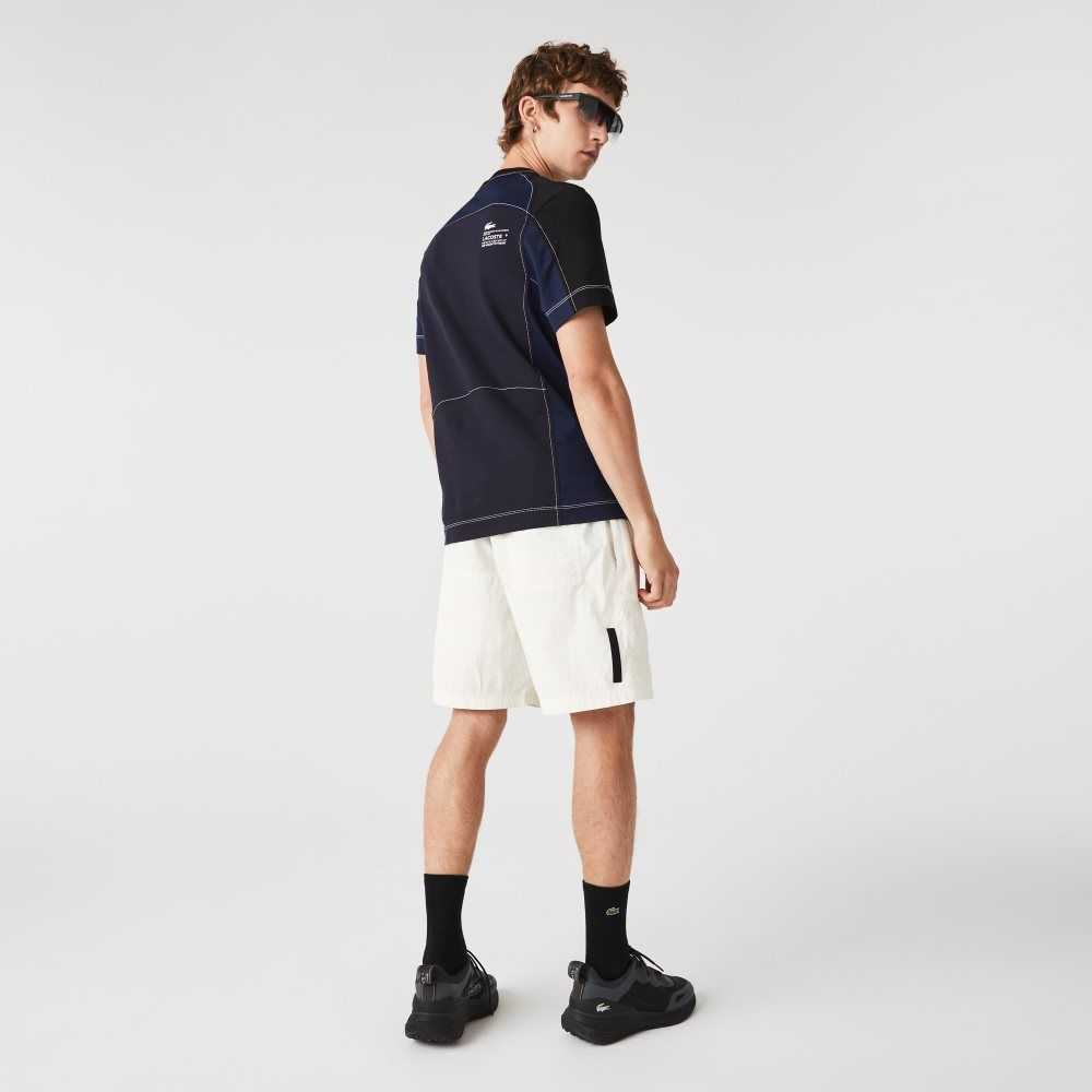 White Lacoste Colorblock Patchwork Effect Shorts | RBQNIO-139