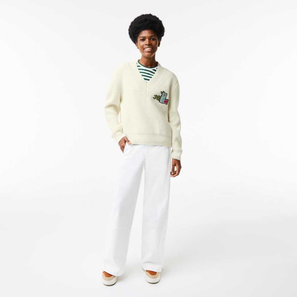 White Lacoste Comic Badge V-Neck Wool Sweater | UNHSTK-746