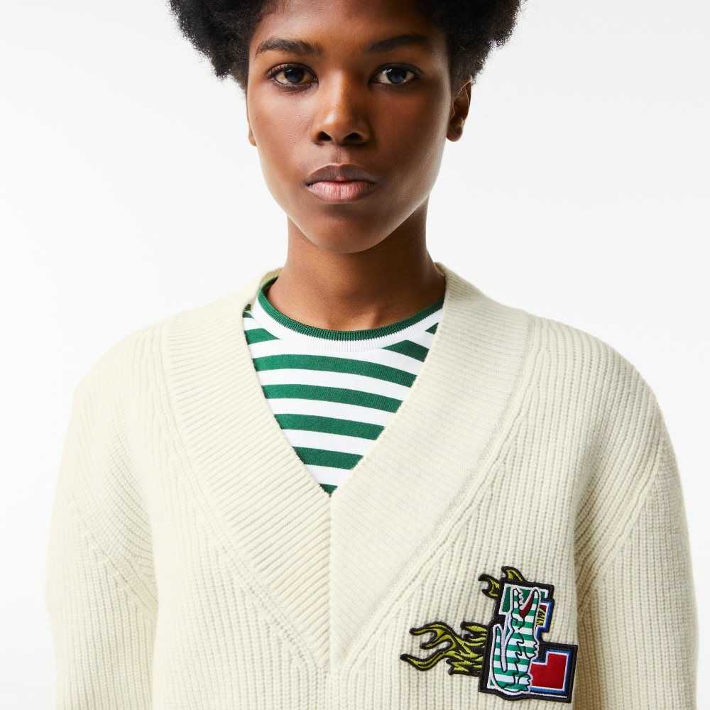 White Lacoste Comic Badge V-Neck Wool Sweater | UNHSTK-746