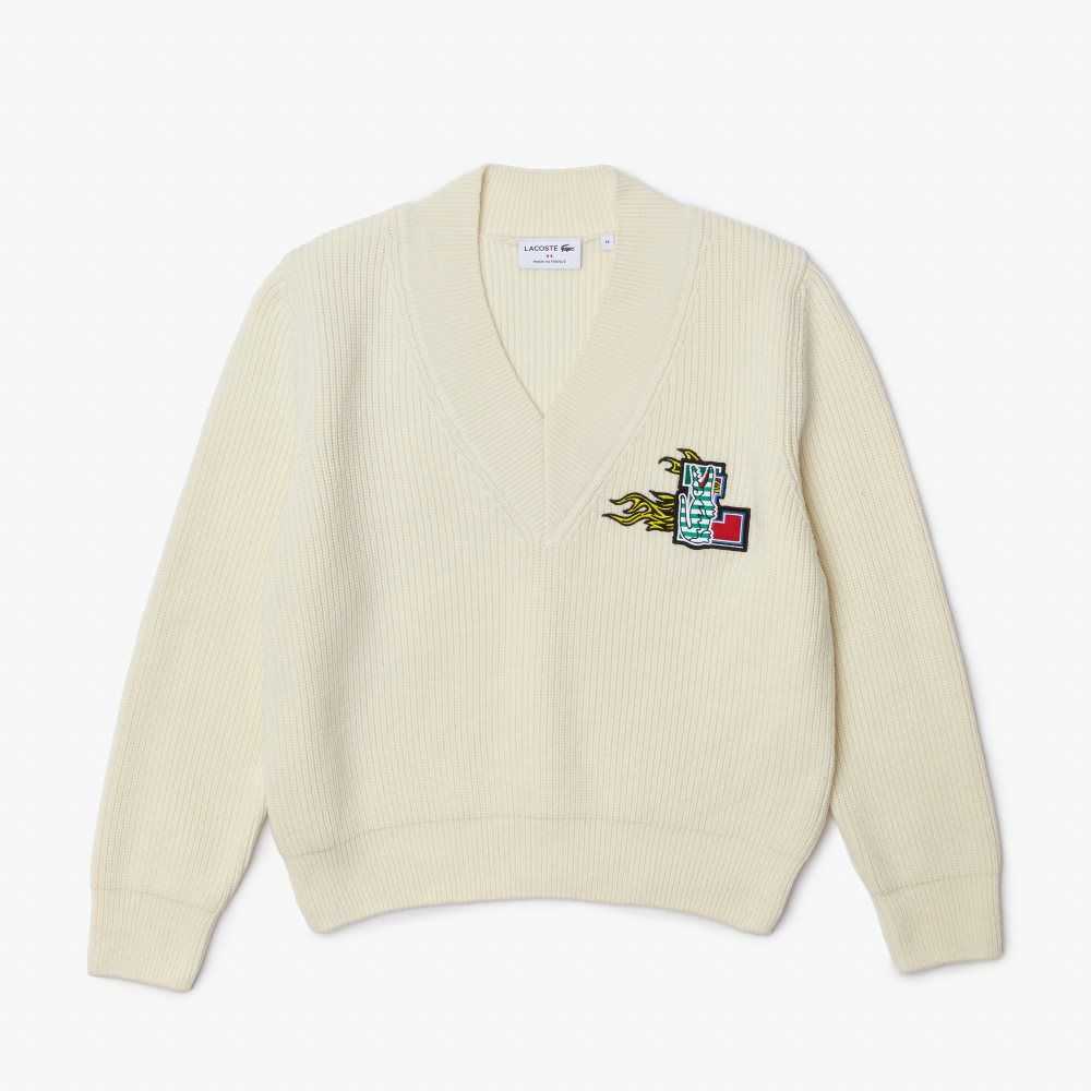 White Lacoste Comic Badge V-Neck Wool Sweater | UNHSTK-746