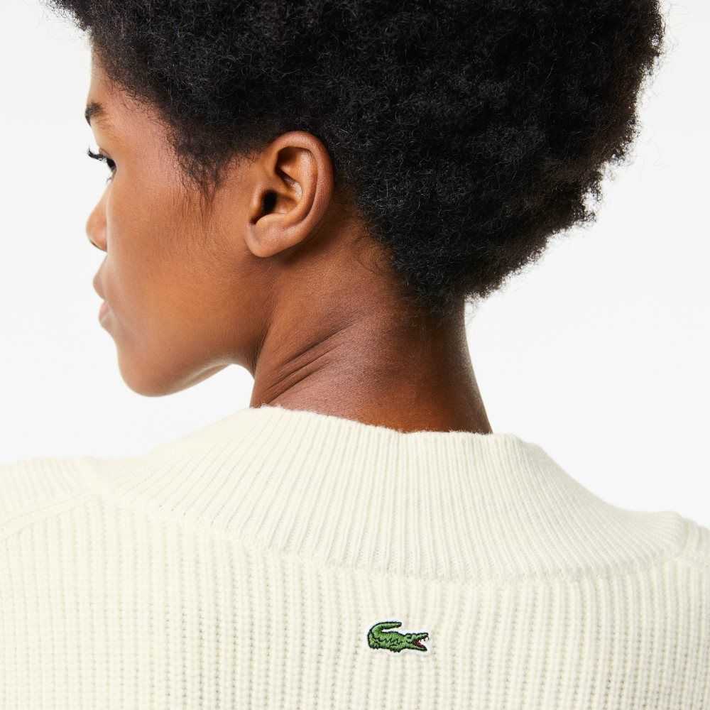 White Lacoste Comic Badge V-Neck Wool Sweater | UNHSTK-746