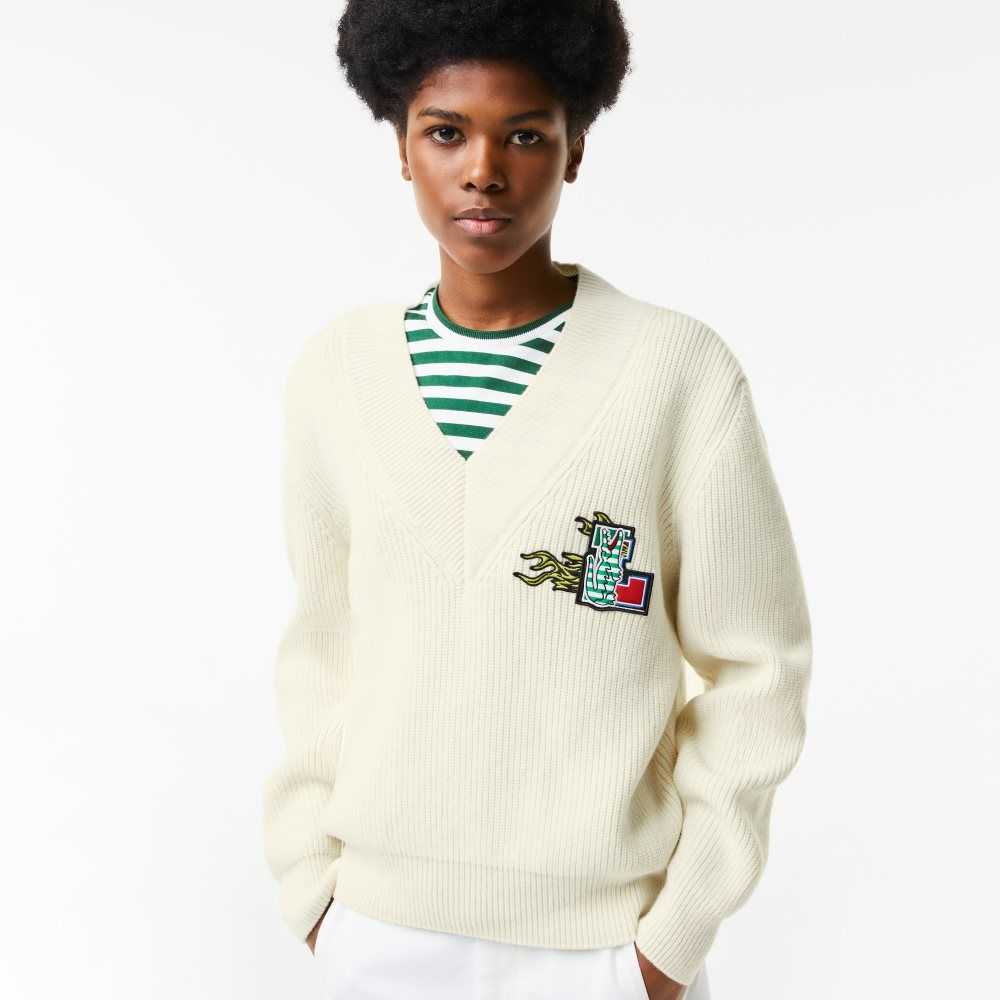 White Lacoste Comic Badge V-Neck Wool Sweater | UNHSTK-746