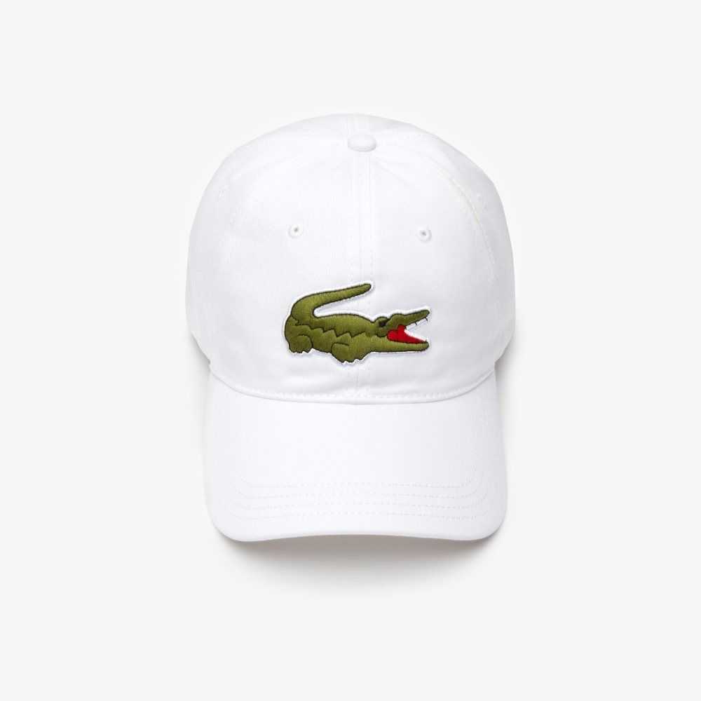 White Lacoste Contrast Strap And Oversized Crocodile Cotton Cap | BFVUJY-035