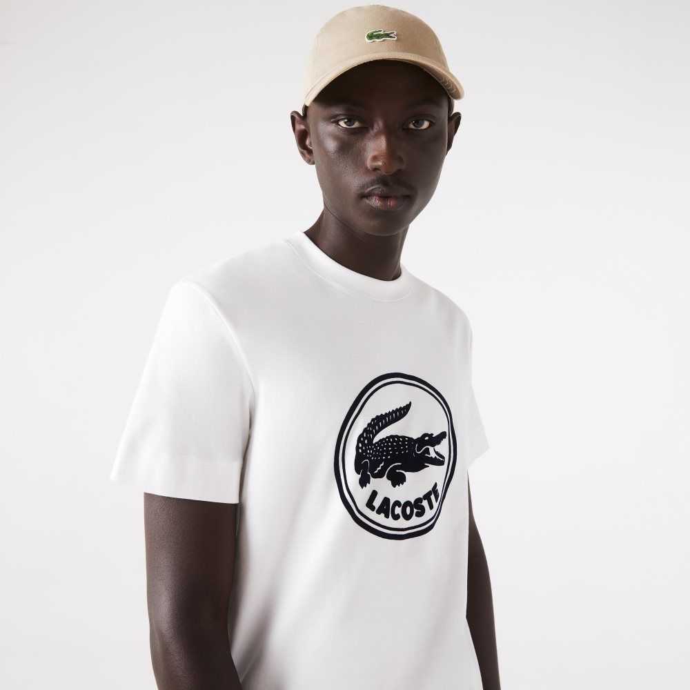 White Lacoste Crew Neck 3D Printed logo Cotton T-Shirt | PCIJFL-153