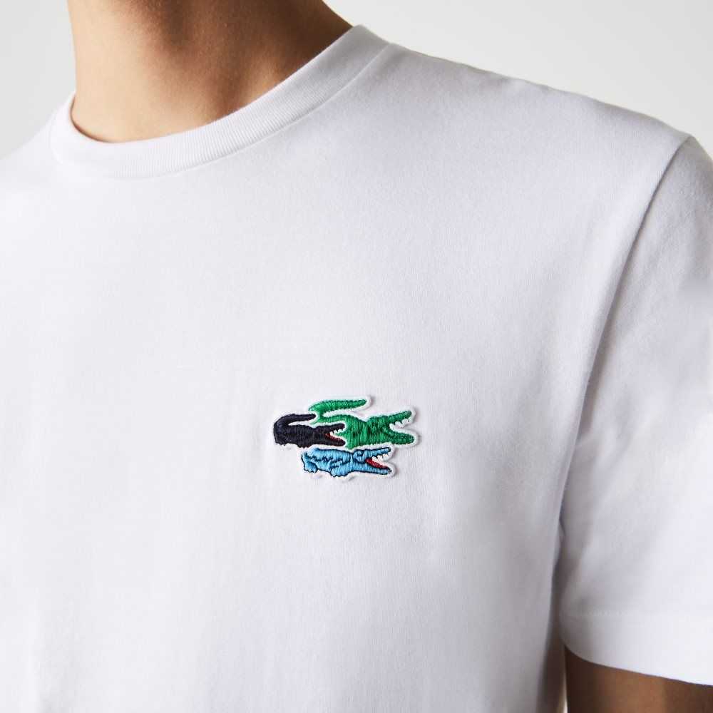 White Lacoste Crew Neck Colored Crocodiles Organic Cotton T-shirt | XYWTMR-120