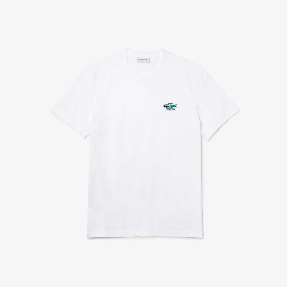 White Lacoste Crew Neck Colored Crocodiles Organic Cotton T-shirt | XYWTMR-120