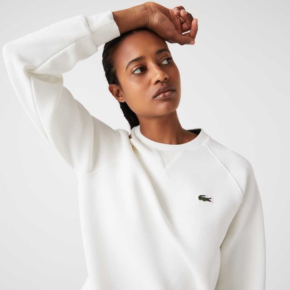 White Lacoste Crew Neck Cotton Blend Sweatshirt | MRSYVH-542