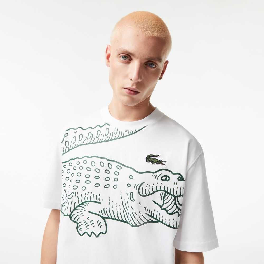 White Lacoste Crew Neck Loose Fit Crocodile Print T-Shirt | LCKTFO-639