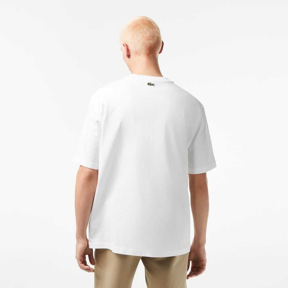 White Lacoste Crew Neck Loose Fit Crocodile Print T-Shirt | LCKTFO-639