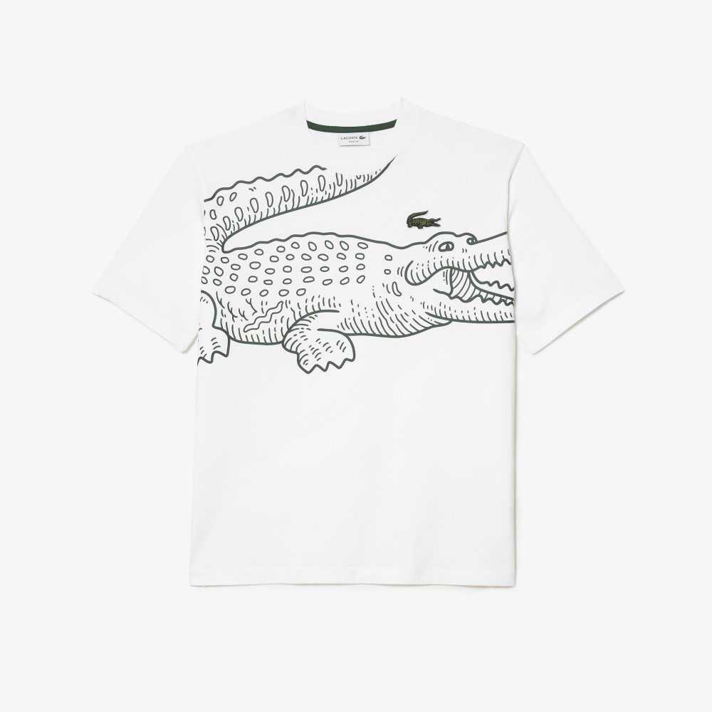 White Lacoste Crew Neck Loose Fit Crocodile Print T-Shirt | LCKTFO-639