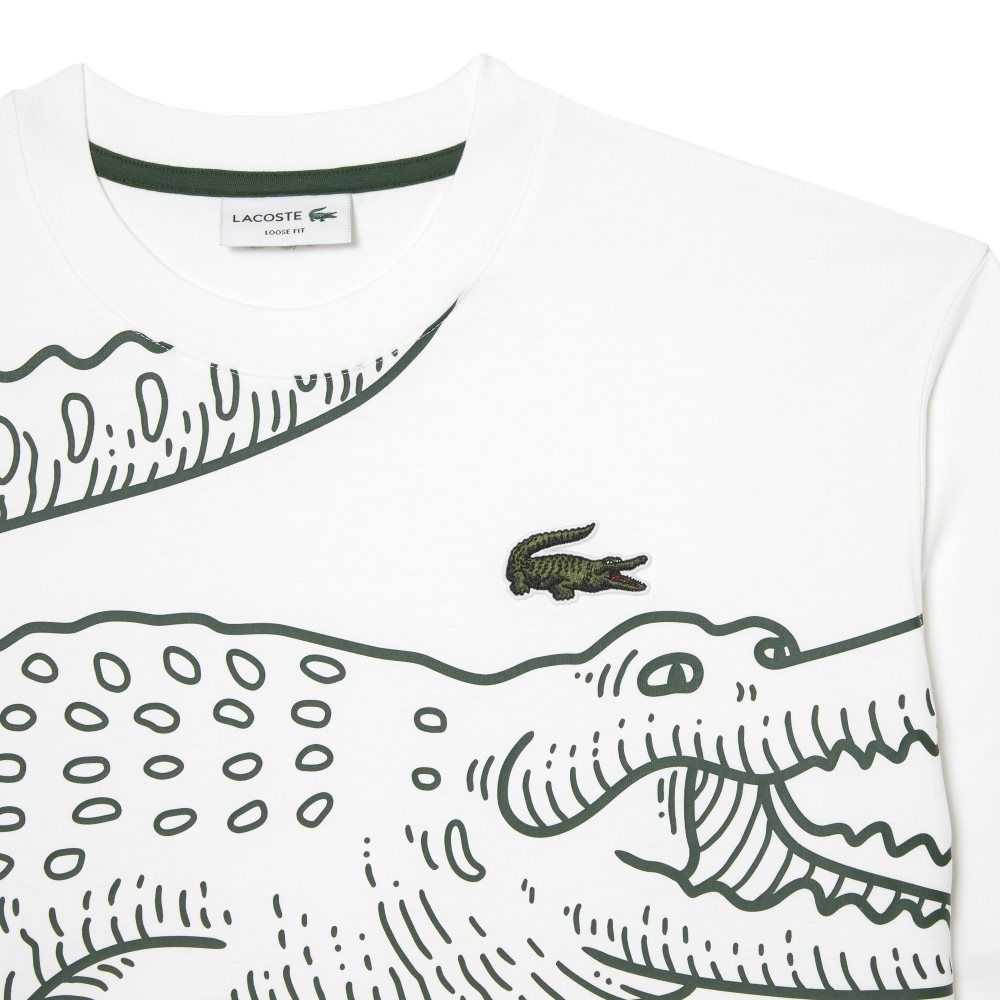 White Lacoste Crew Neck Loose Fit Crocodile Print T-Shirt | LCKTFO-639