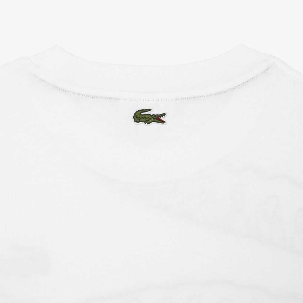 White Lacoste Crew Neck Loose Fit Crocodile Print T-Shirt | LCKTFO-639