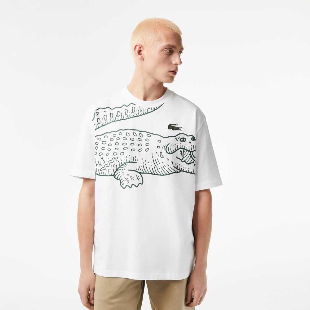 White Lacoste Crew Neck Loose Fit Crocodile Print T-Shirt | LCKTFO-639