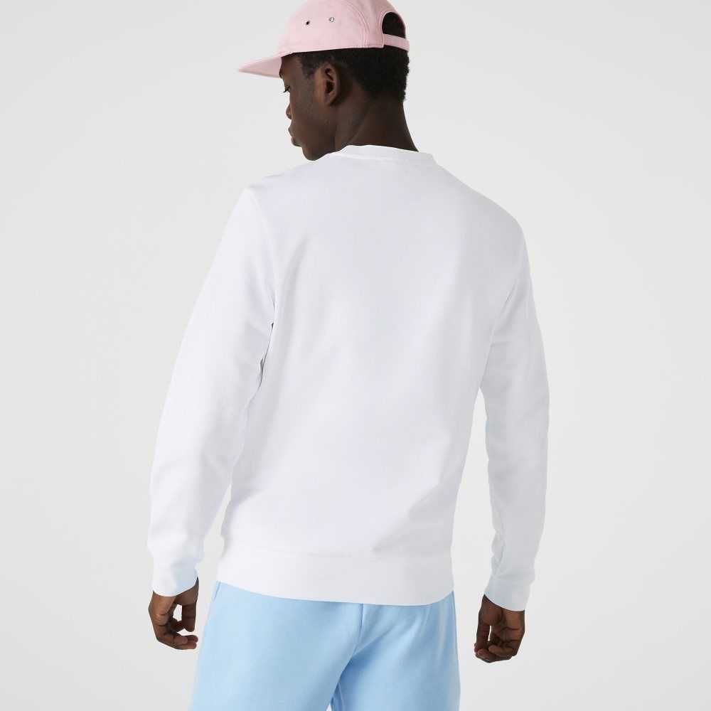 White Lacoste Crew Neck Print Organic Cotton Fleece Sweatshirt | KGYDHE-539