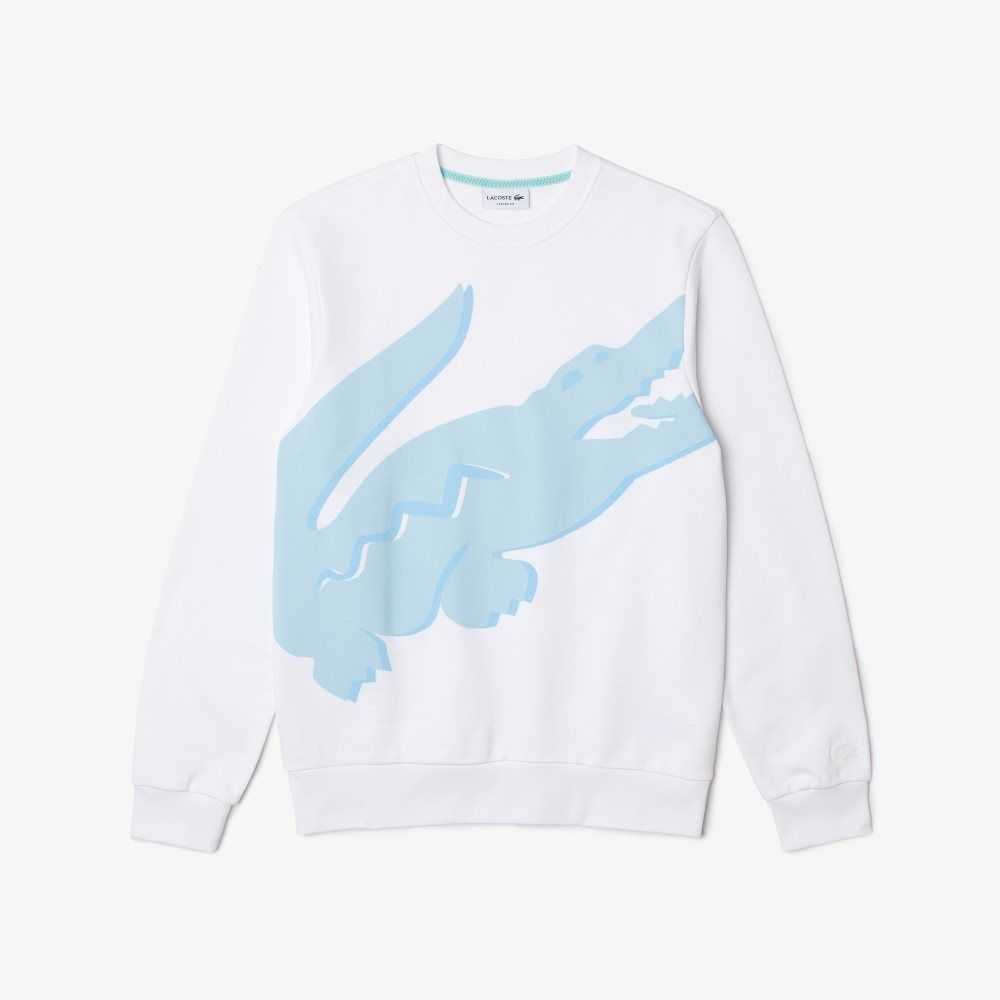 White Lacoste Crew Neck Print Organic Cotton Fleece Sweatshirt | KGYDHE-539