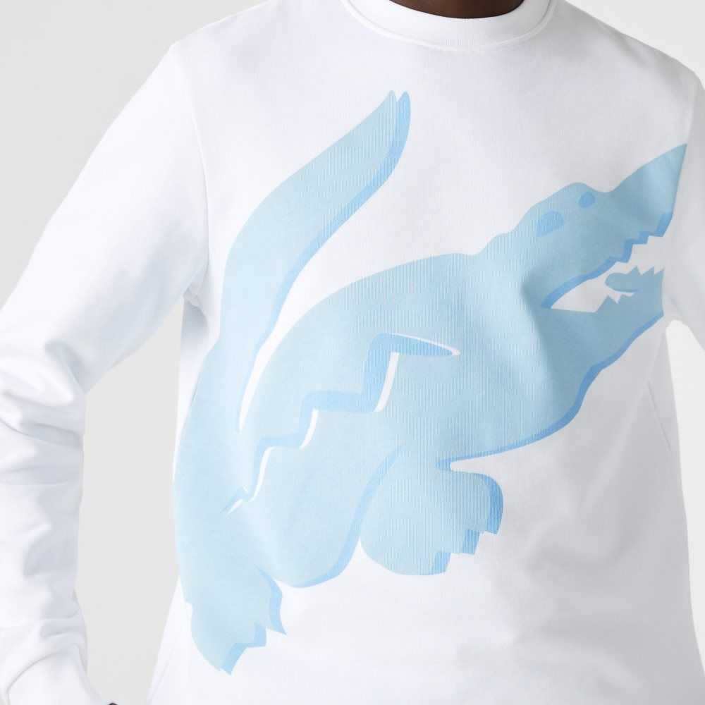 White Lacoste Crew Neck Print Organic Cotton Fleece Sweatshirt | KGYDHE-539