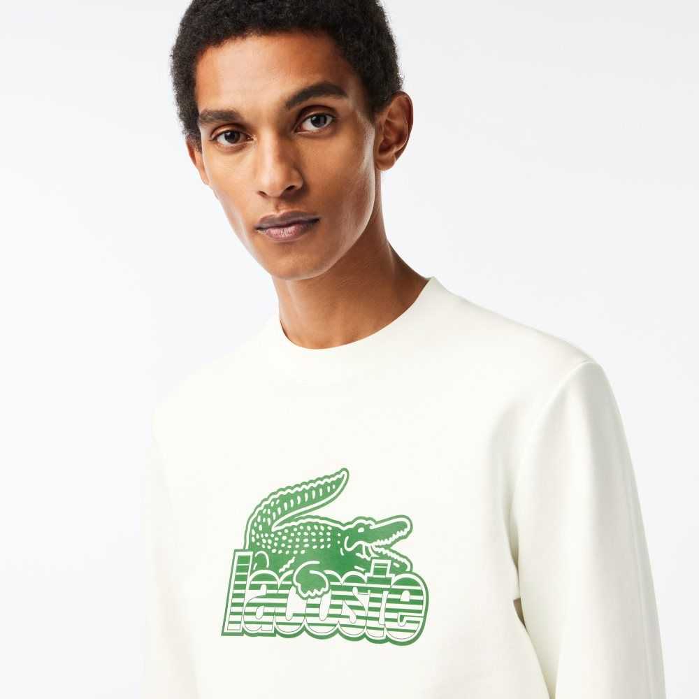 White Lacoste Crew Neck Unbrushed Fleece Sweatshirt | GURPHD-318