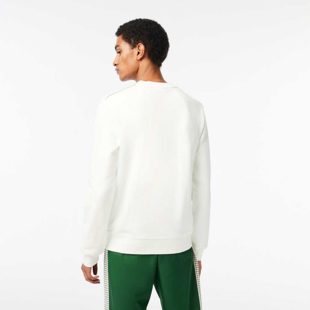 White Lacoste Crew Neck Unbrushed Fleece Sweatshirt | GURPHD-318