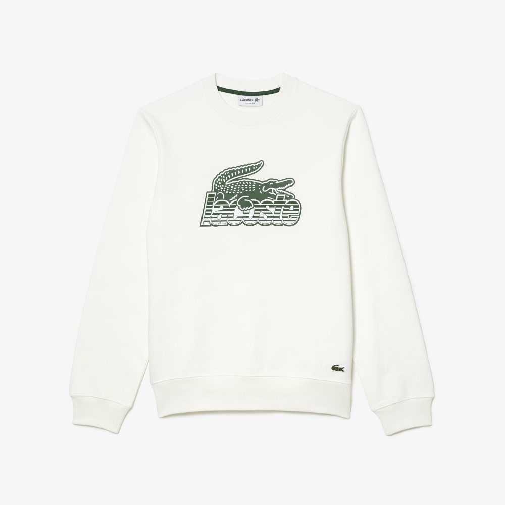 White Lacoste Crew Neck Unbrushed Fleece Sweatshirt | GURPHD-318