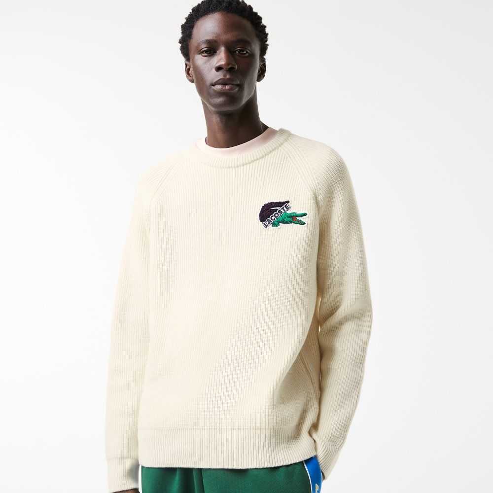 White Lacoste Crocodile Sweater | XJSCUH-973