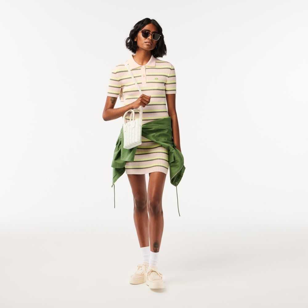 White Lacoste French Made Striped Polo Dress | YUWFJH-619