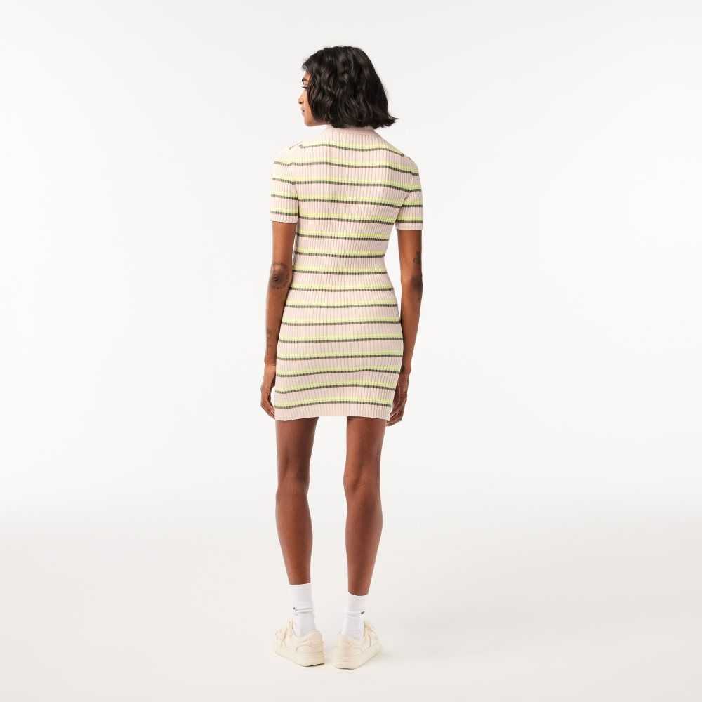 White Lacoste French Made Striped Polo Dress | YUWFJH-619