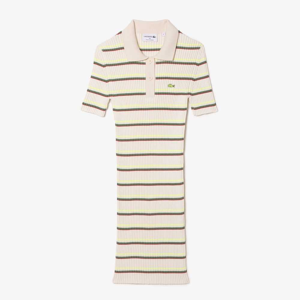 White Lacoste French Made Striped Polo Dress | YUWFJH-619