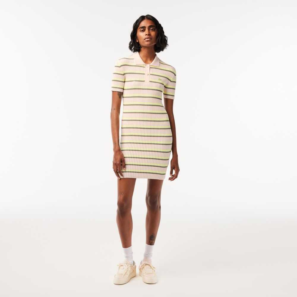 White Lacoste French Made Striped Polo Dress | YUWFJH-619