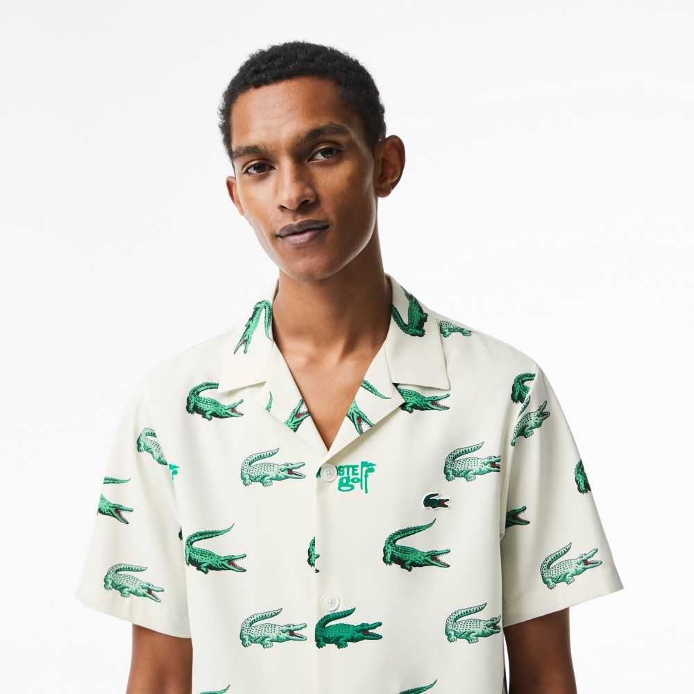 White Lacoste Golf Printed Short-Sleeve Shirt | VYCKBT-127