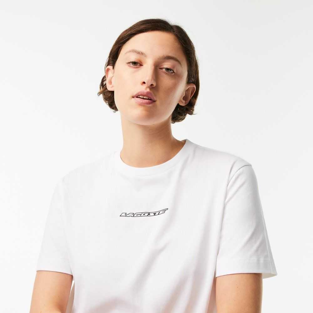 White Lacoste Jersey Contrast Print T-Shirt | IHBERX-980