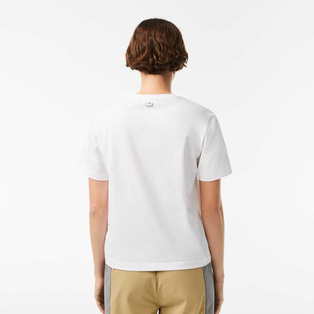 White Lacoste Jersey Contrast Print T-Shirt | IHBERX-980