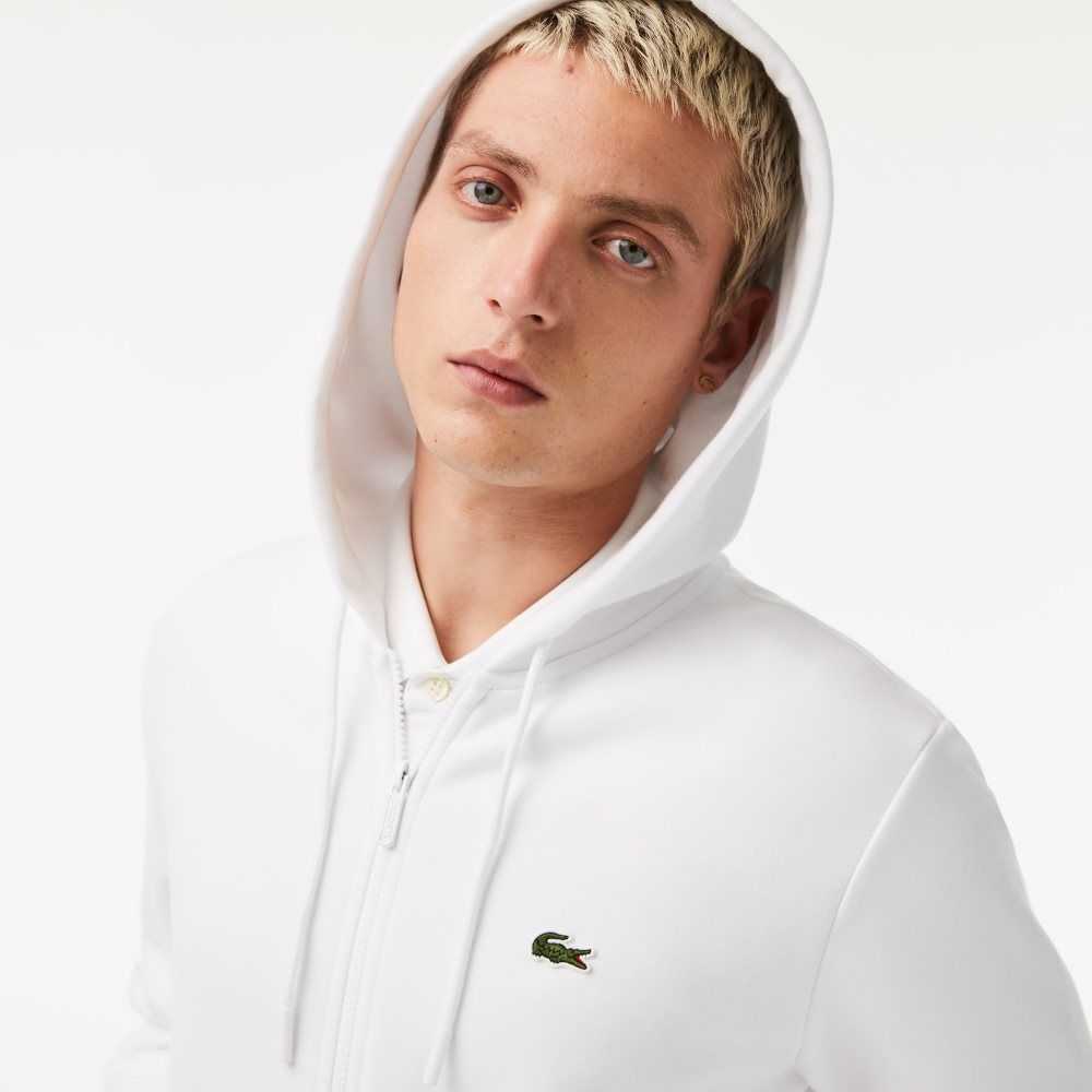 White Lacoste Kangaroo Pocket Fleece Zipped Sweatshirt | EIXMBT-175