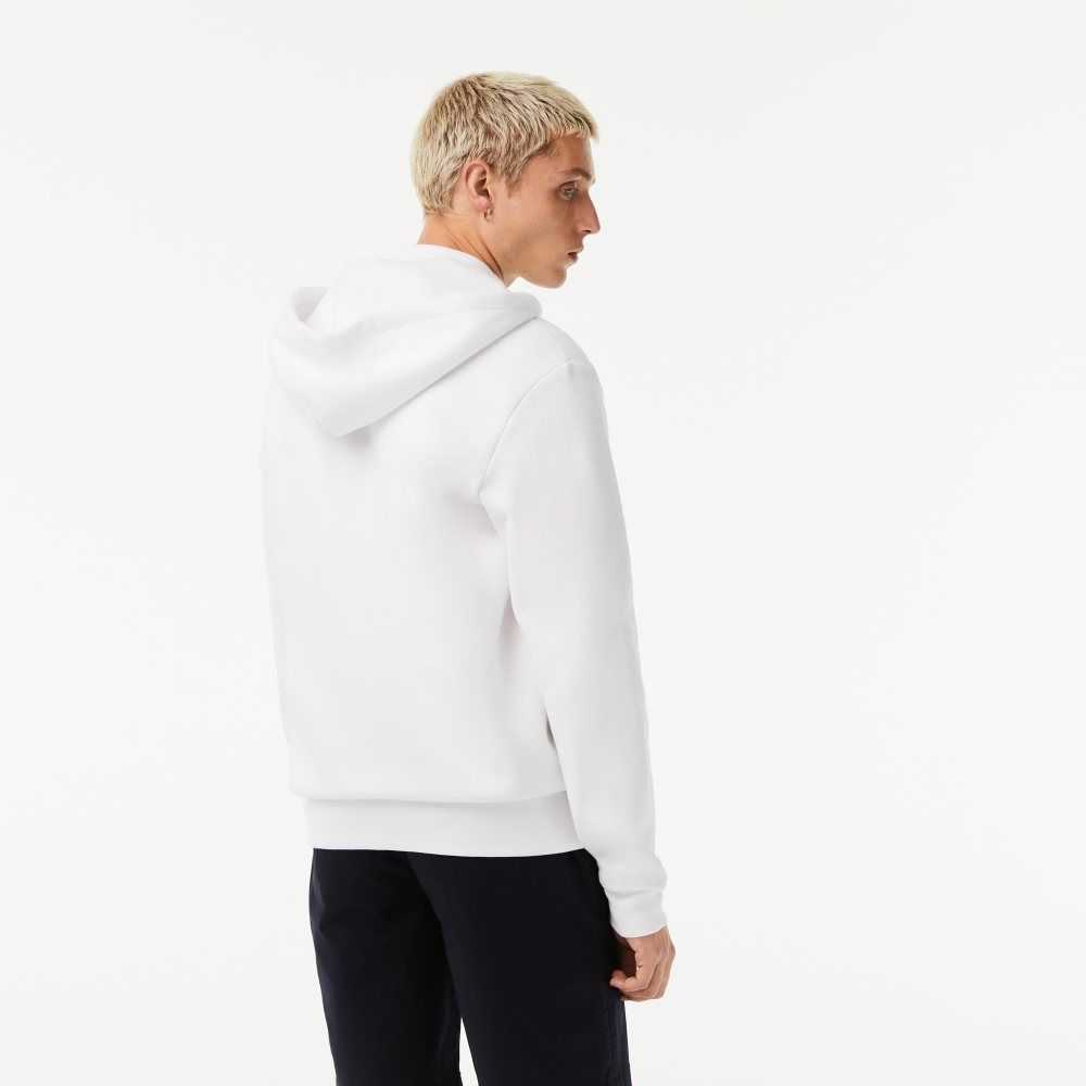 White Lacoste Kangaroo Pocket Fleece Zipped Sweatshirt | EIXMBT-175