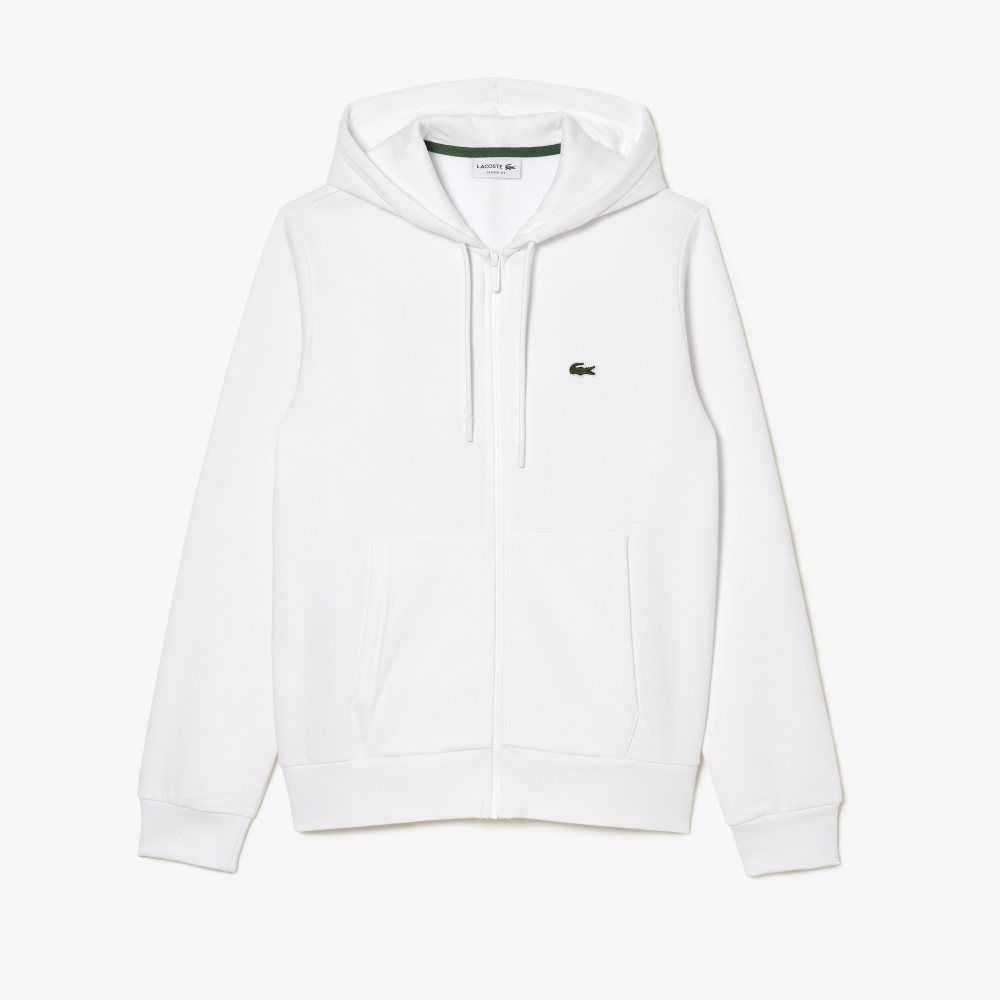 White Lacoste Kangaroo Pocket Fleece Zipped Sweatshirt | EIXMBT-175