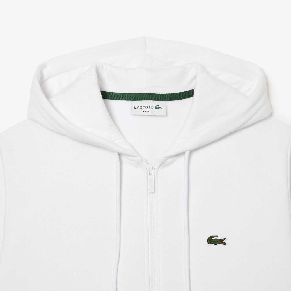 White Lacoste Kangaroo Pocket Fleece Zipped Sweatshirt | EIXMBT-175