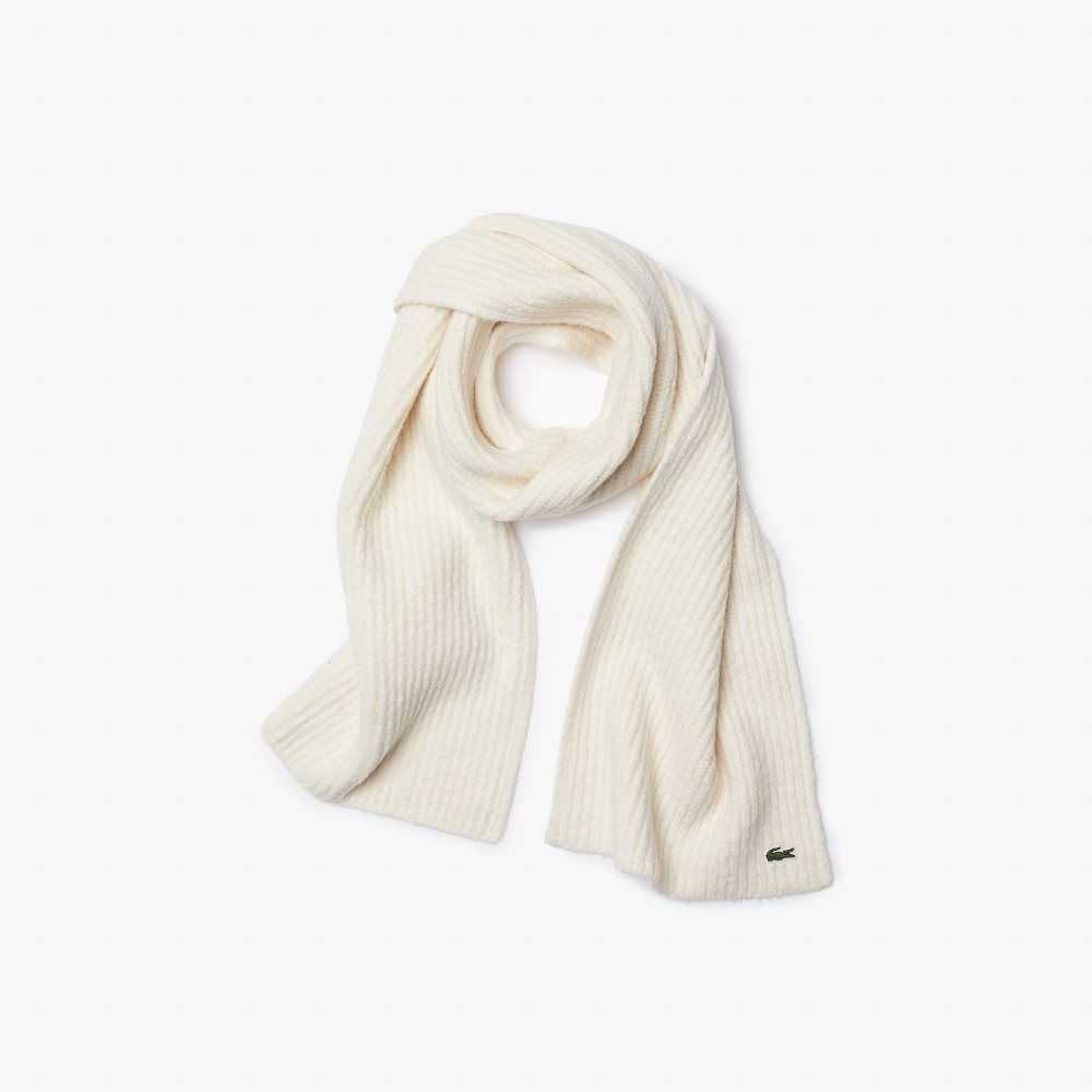 White Lacoste Large Ribbed Wool Scarf | CQBWEL-437