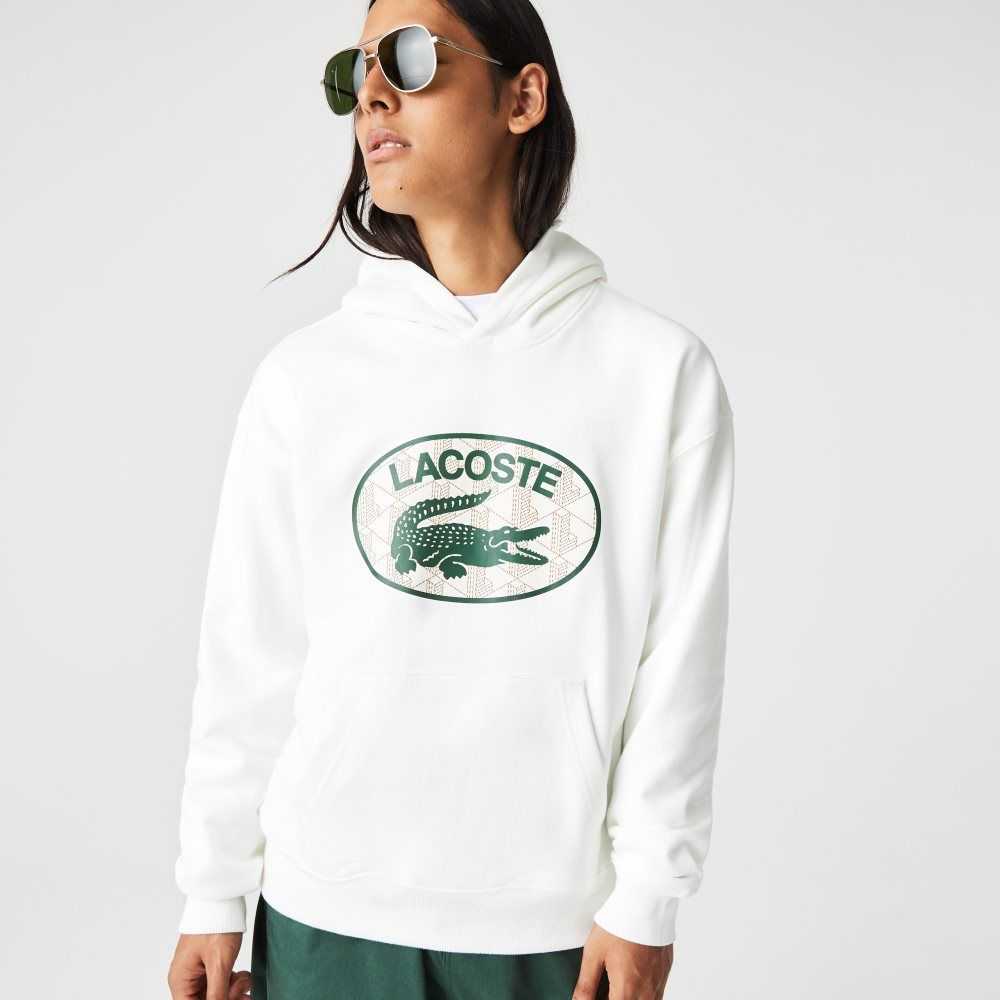 White Lacoste Loose Fit Branded Monogram Hooded Sweatshirt | QWSXFI-491