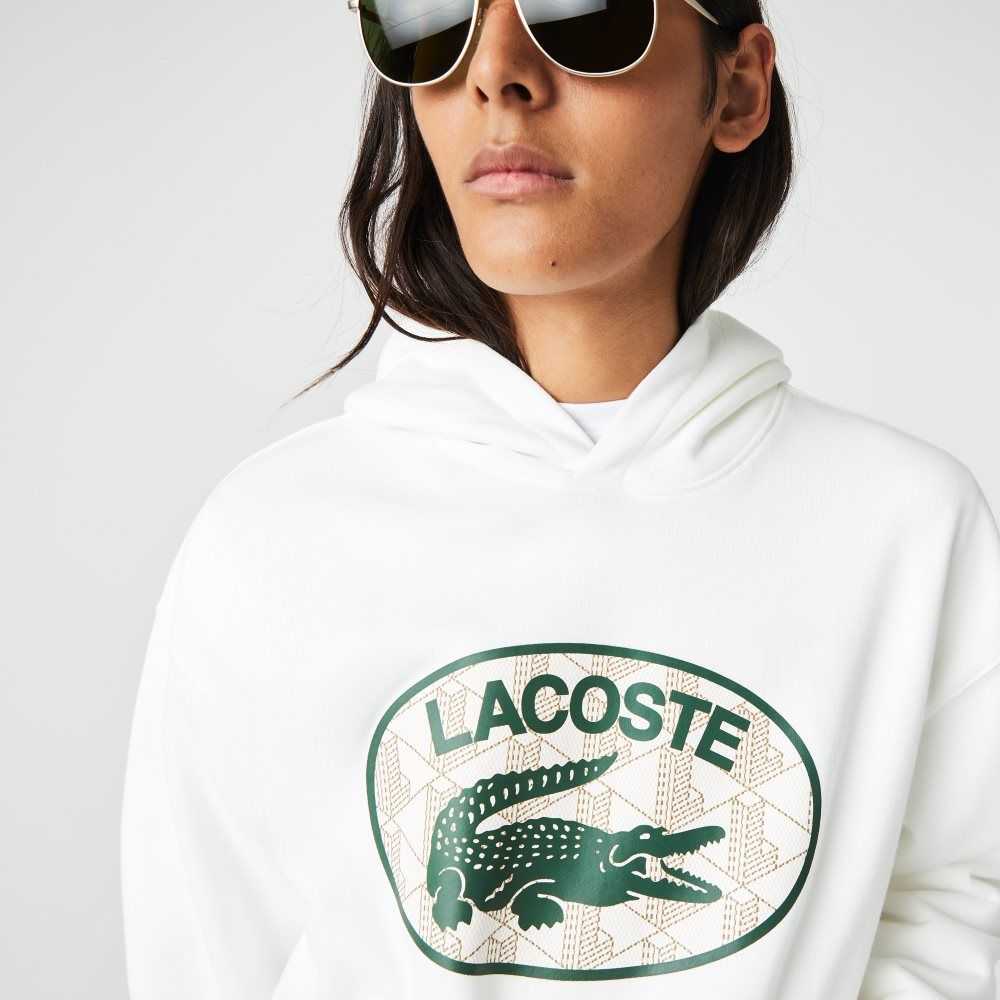 White Lacoste Loose Fit Branded Monogram Hooded Sweatshirt | QWSXFI-491