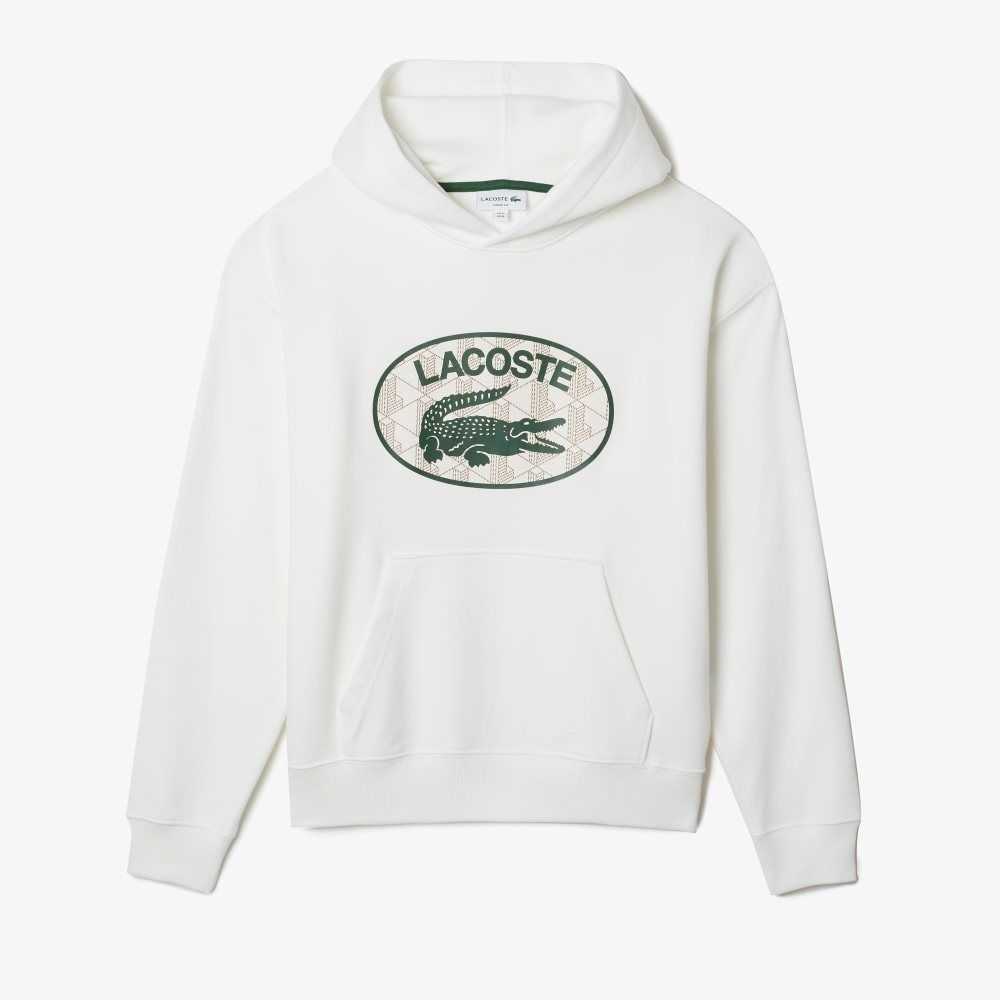 White Lacoste Loose Fit Branded Monogram Hooded Sweatshirt | QWSXFI-491