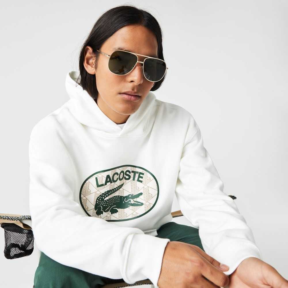 White Lacoste Loose Fit Branded Monogram Hooded Sweatshirt | QWSXFI-491