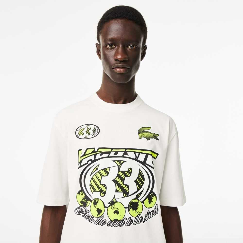 White Lacoste Loose Fit Cotton Jersey Print T-Shirt | EWIXCV-201