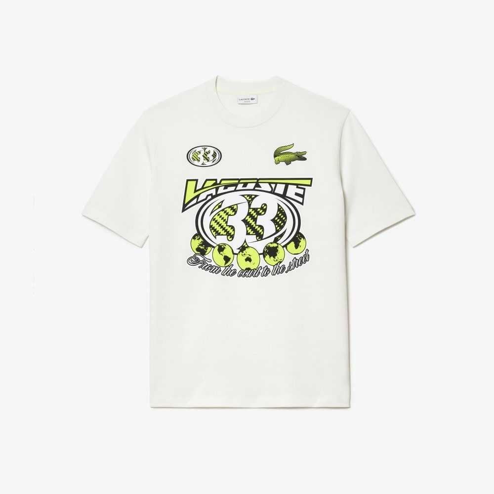 White Lacoste Loose Fit Cotton Jersey Print T-Shirt | EWIXCV-201