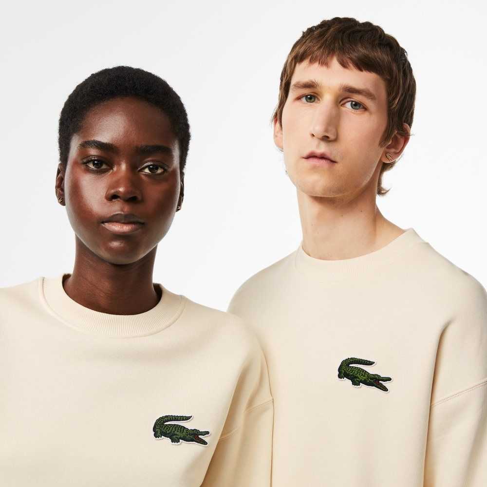 White Lacoste Loose Fit Crocodile Badge Sweatshirt | DHMJRL-013