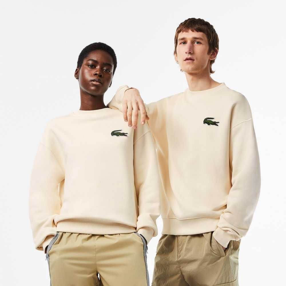 White Lacoste Loose Fit Crocodile Badge Sweatshirt | DHMJRL-013