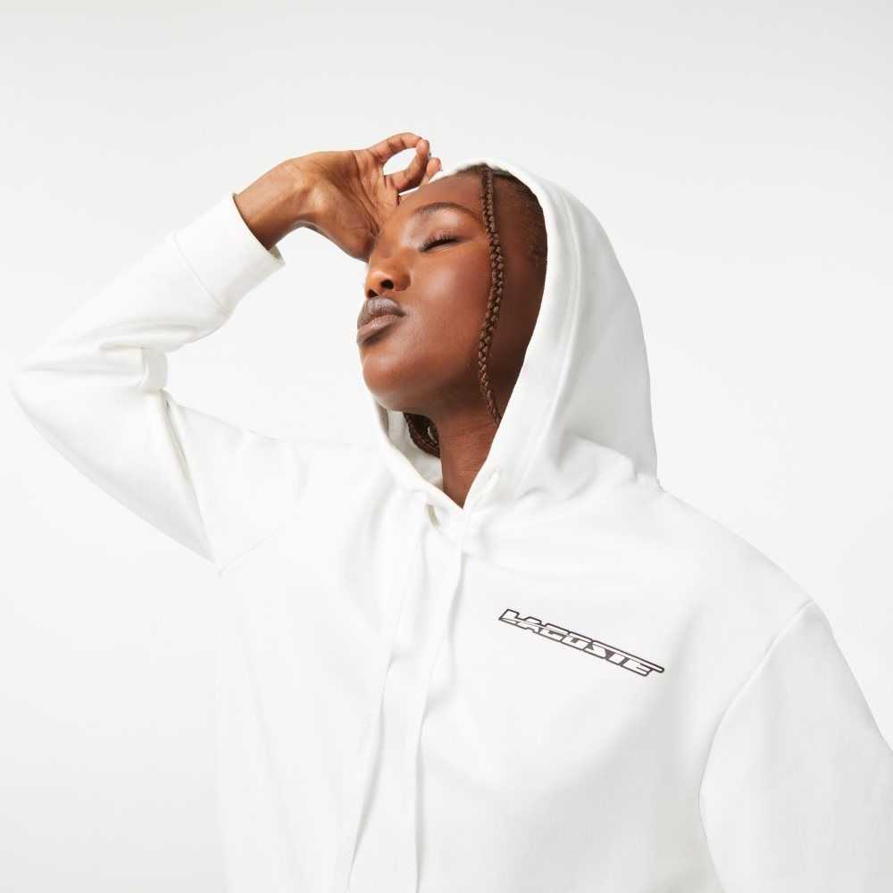 White Lacoste Loose Fit Hoodie with Contrast Branding | QIMCLW-607