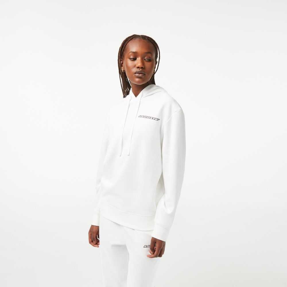 White Lacoste Loose Fit Hoodie with Contrast Branding | QIMCLW-607