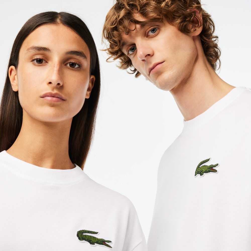 White Lacoste Loose Fit Large Crocodile Organic Cotton T-Shirt | BDMIOQ-258